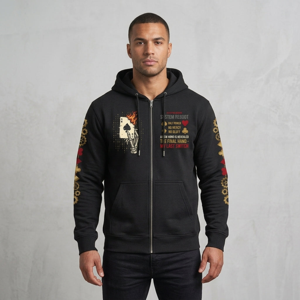 Skelett-Pik-Ass Kapuzenjacke mit Reißverschluss | Steampunk-Poker & Binärcode Heavyweight Streetwear