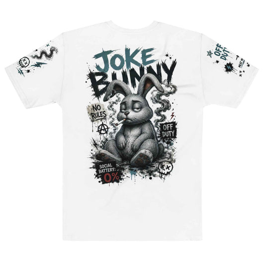 JOKE BUNNY™ Grunge Punk Graphic T-Shirt – Meme Streetwear with Full Multi-Print Design