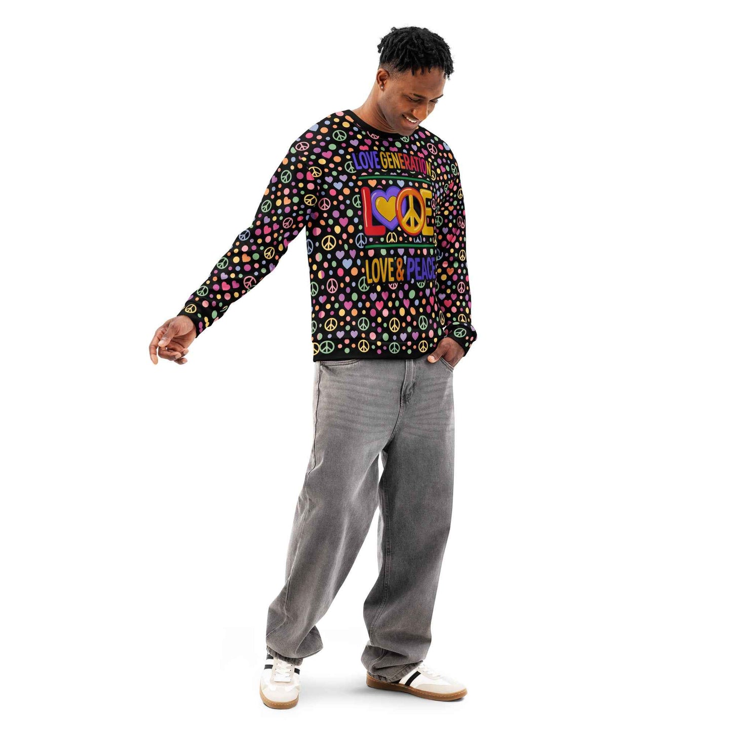 LOVE GENERATION All-Over Print Sweatshirt - Heart & Peace Symbol Pop Art | Unisex Streetwear Crewneck