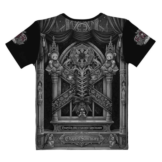 Sacred Nocturne Gothic Cross and Heraldic Crest Graphic T-Shirt – Dark Romantic Women's Tee