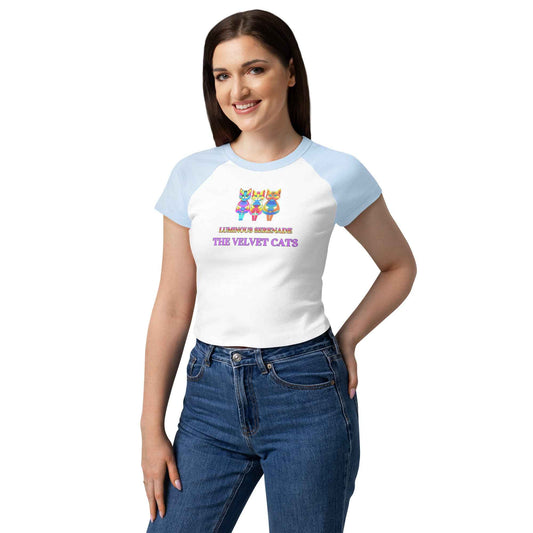 Luminous Serenade Psychedelic Cat Raglan Baby Tee – Y2K Retro Pop Art Women's Tee