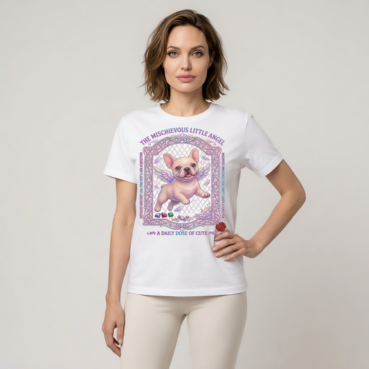 French Bulldog Mischievous Little Angel Pastel Graphic T-Shirt – Kawaii Frenchie Angel Tee