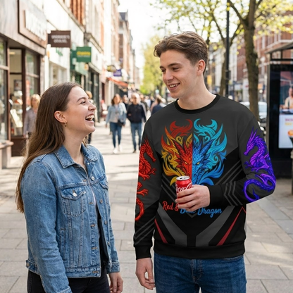 Fire & Ice Dragon Sweatshirt - Red & Blue Sleeve Design | Premium