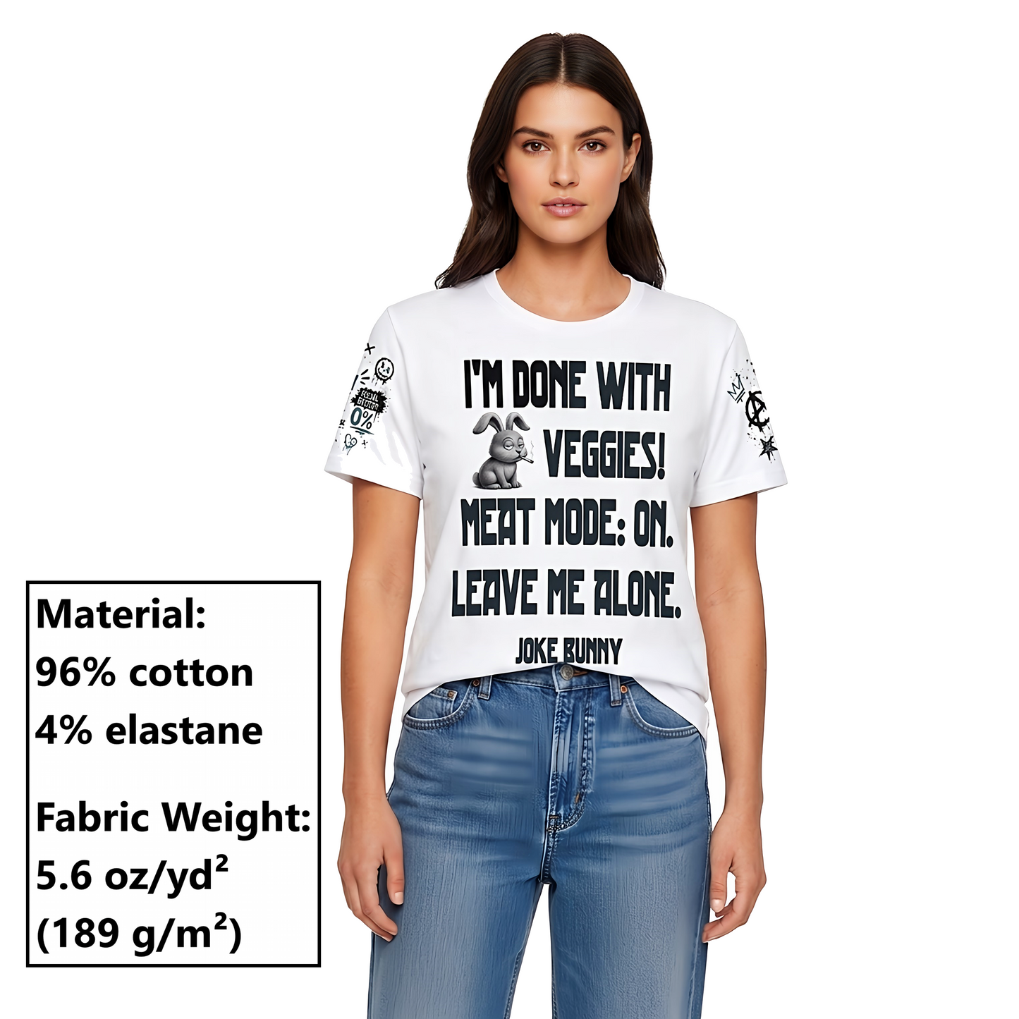 JOKE BUNNY™ Grunge Punk Graphic T-Shirt – Meme Streetwear with Full Multi-Print Design