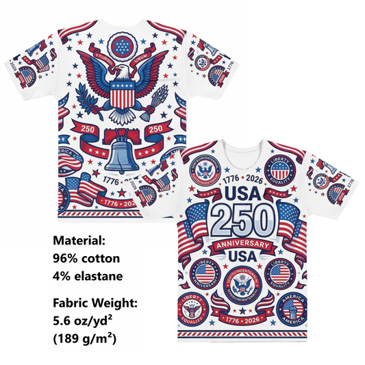 America 250 Anniversary All-Over Print T-Shirt | Patriotic USA 1776–2026 Graphic Tee