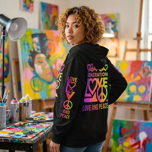 Generation Love & Peace Y2K Neon Graphic Fleece Zip-Up Hoodie