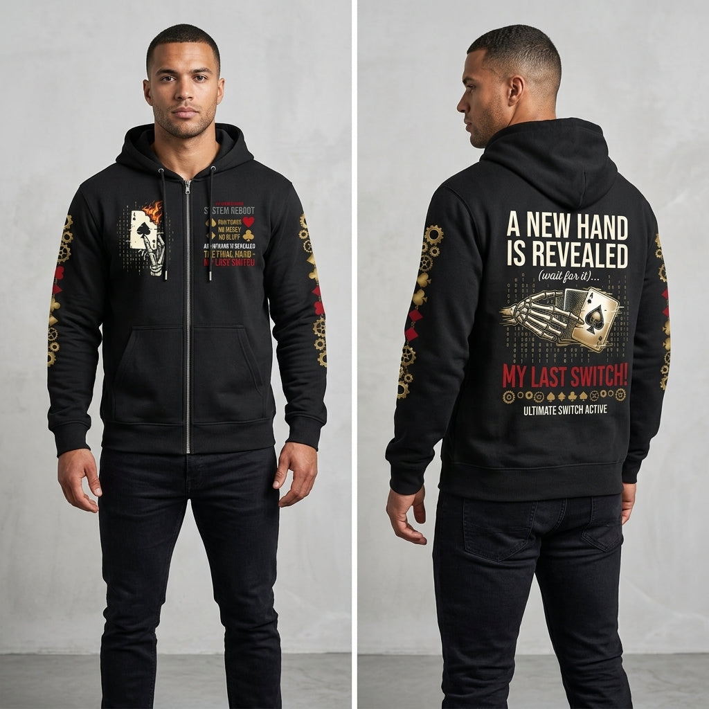 Skelett-Pik-Ass Kapuzenjacke mit Reißverschluss | Steampunk-Poker & Binärcode Heavyweight Streetwear