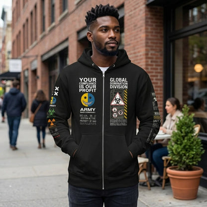 MAD COMPANY Dystopian Military Graphic Fleece Zip-Up Hoodie