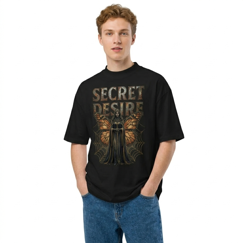 Secret Desire Gothic Oversized High Neck Tee - Dark Fantasy Art | Organic Cotton