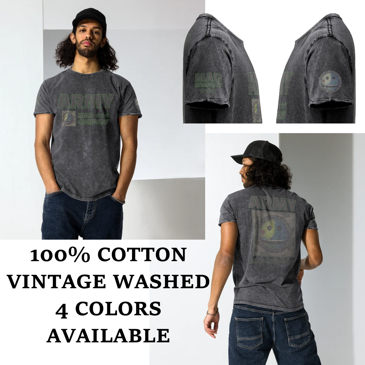 ARMY x MAD COMPANY Denim T-Shirt - Vintage Washed Streetwear Graphic Tee | Strength & Freedom Design