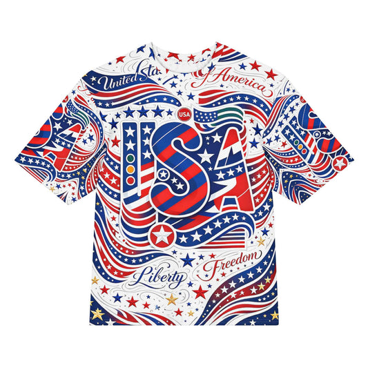 Luxury USA All-Over Print Oversized T-Shirt - Premium Patriotic Graphic Streetwear | Stars & Stripes Design