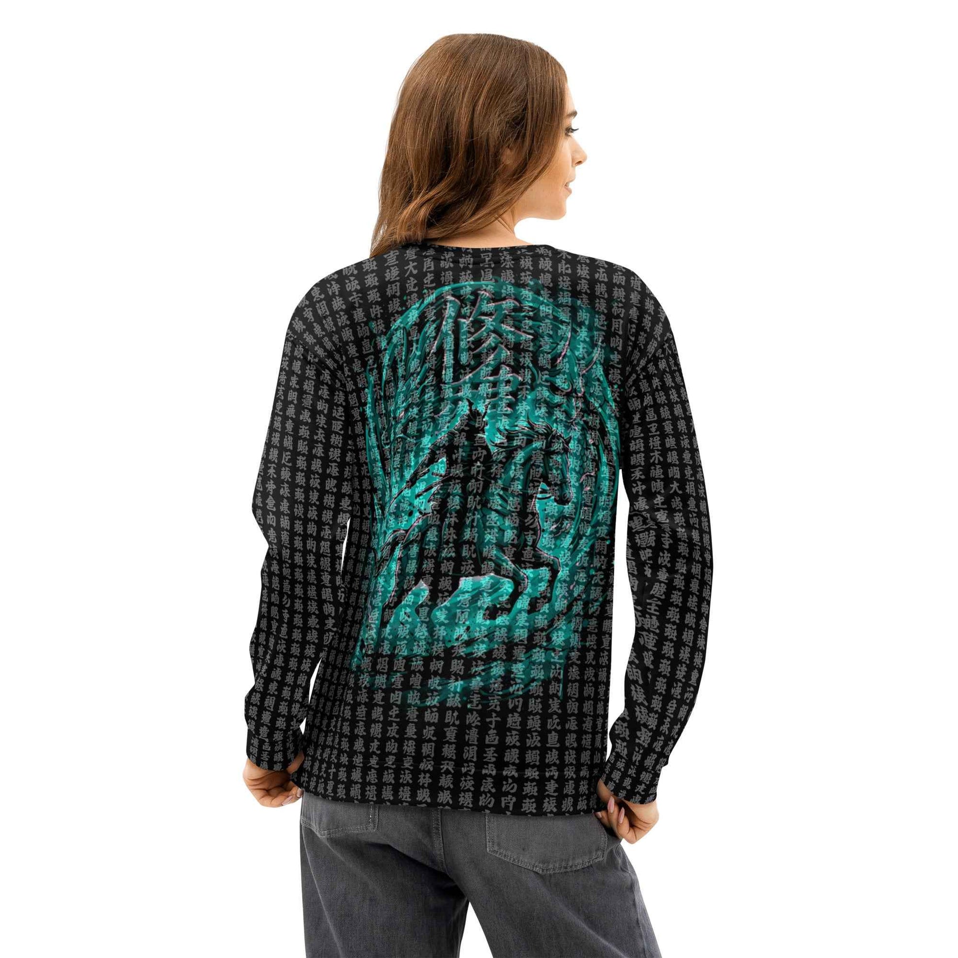 Japanese Samurai All-Over Print Sweatshirt - Buddhist Sutra Kanji Dragon & Hannya | Streetwear Crewneck