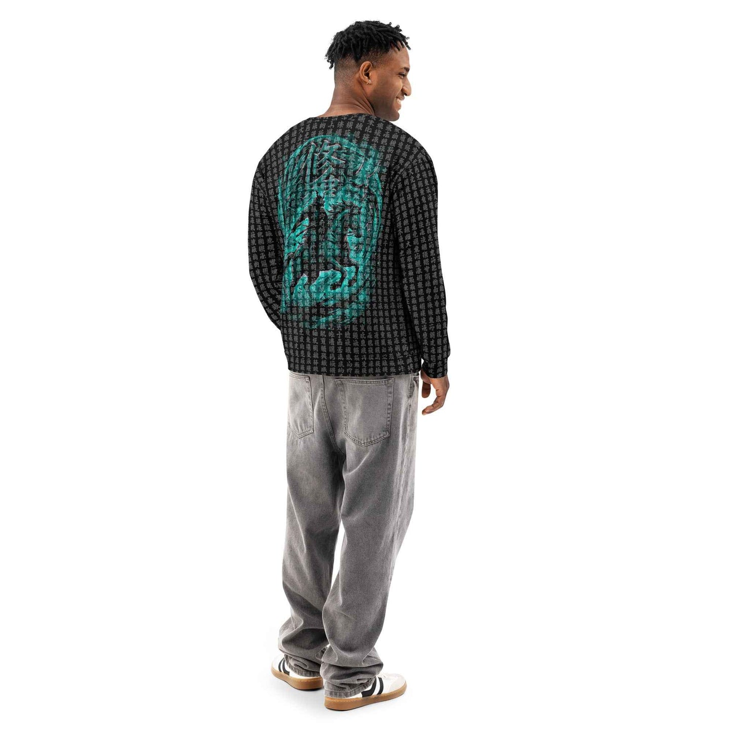 Japanese Samurai All-Over Print Sweatshirt - Buddhist Sutra Kanji Dragon & Hannya | Streetwear Crewneck