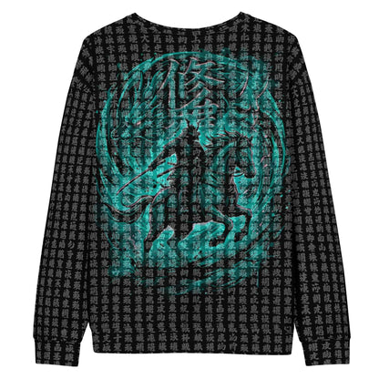 Japanese Samurai All-Over Print Sweatshirt - Buddhist Sutra Kanji Dragon & Hannya | Streetwear Crewneck
