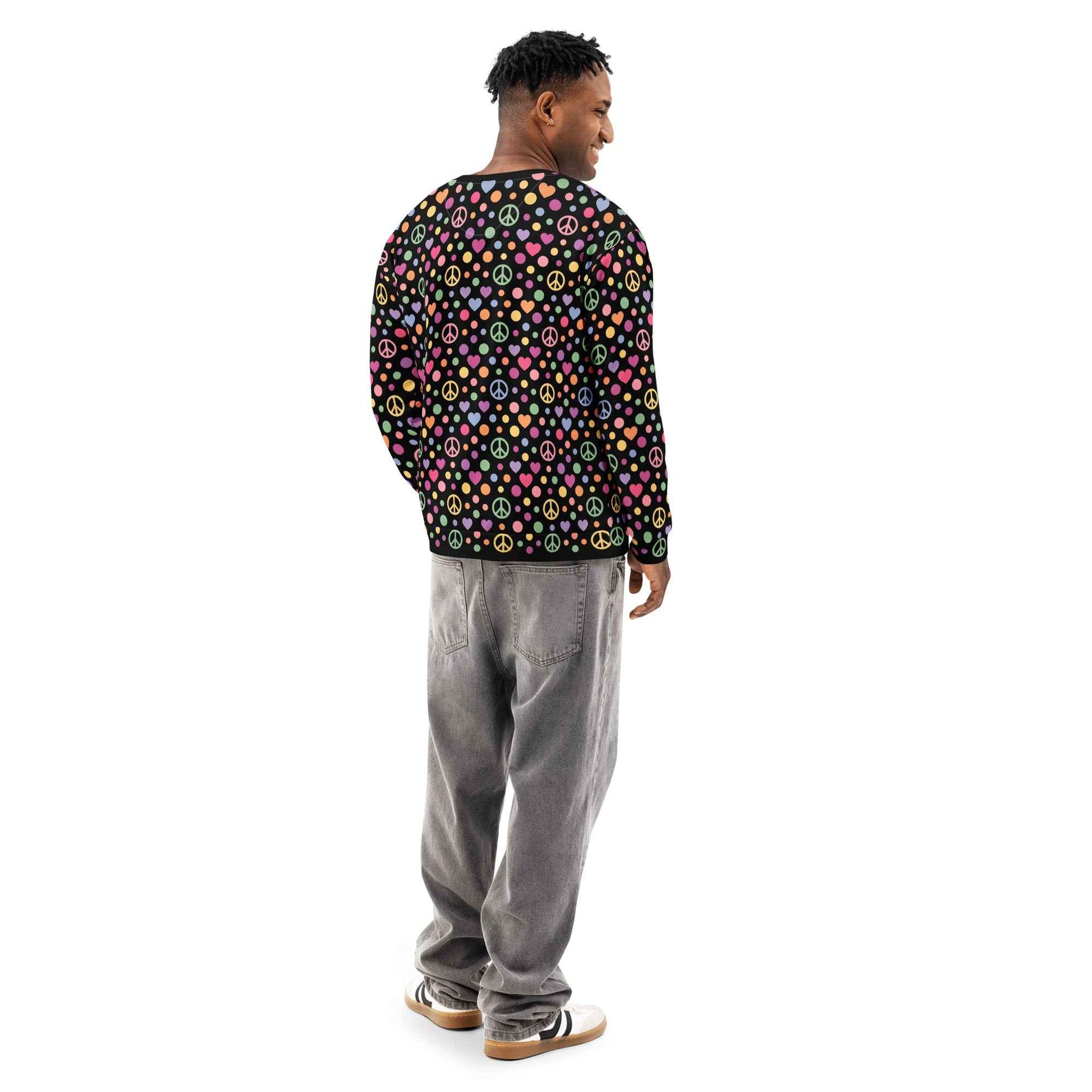 LOVE GENERATION All-Over Print Sweatshirt - Heart & Peace Symbol Pop Art | Unisex Streetwear Crewneck