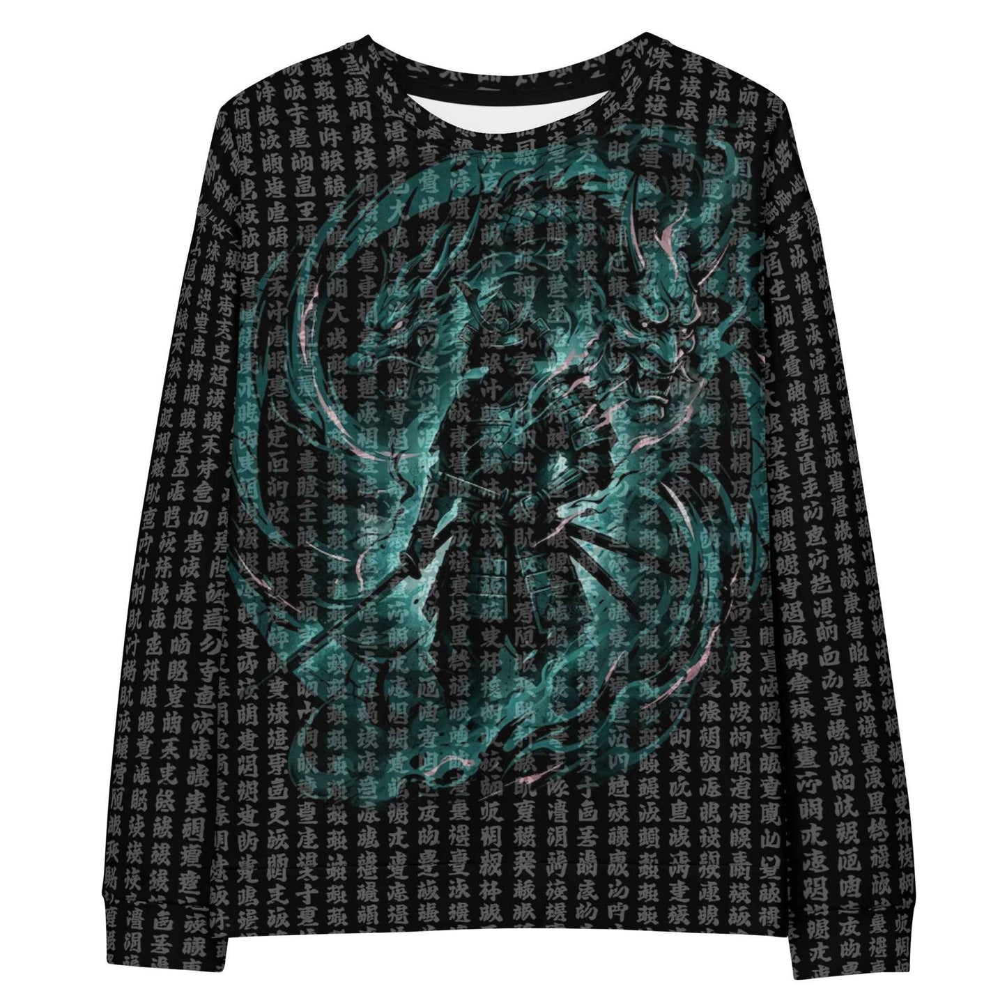 Japanese Samurai All-Over Print Sweatshirt - Buddhist Sutra Kanji Dragon & Hannya | Streetwear Crewneck