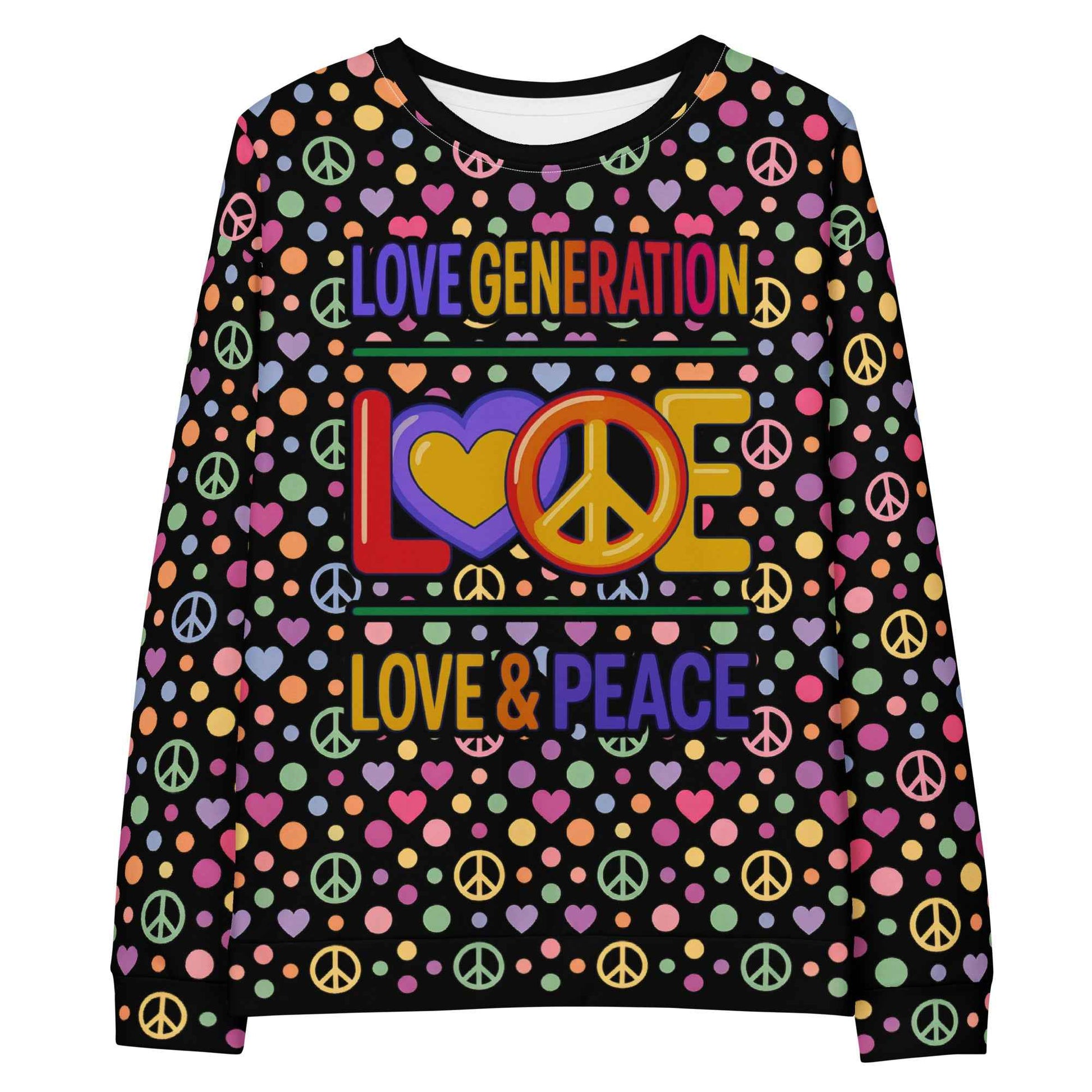 LOVE GENERATION All-Over Print Sweatshirt - Heart & Peace Symbol Pop Art | Unisex Streetwear Crewneck
