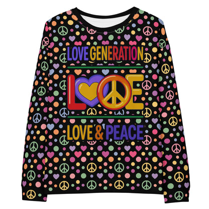 LOVE GENERATION All-Over Print Sweatshirt - Heart & Peace Symbol Pop Art | Unisex Streetwear Crewneck