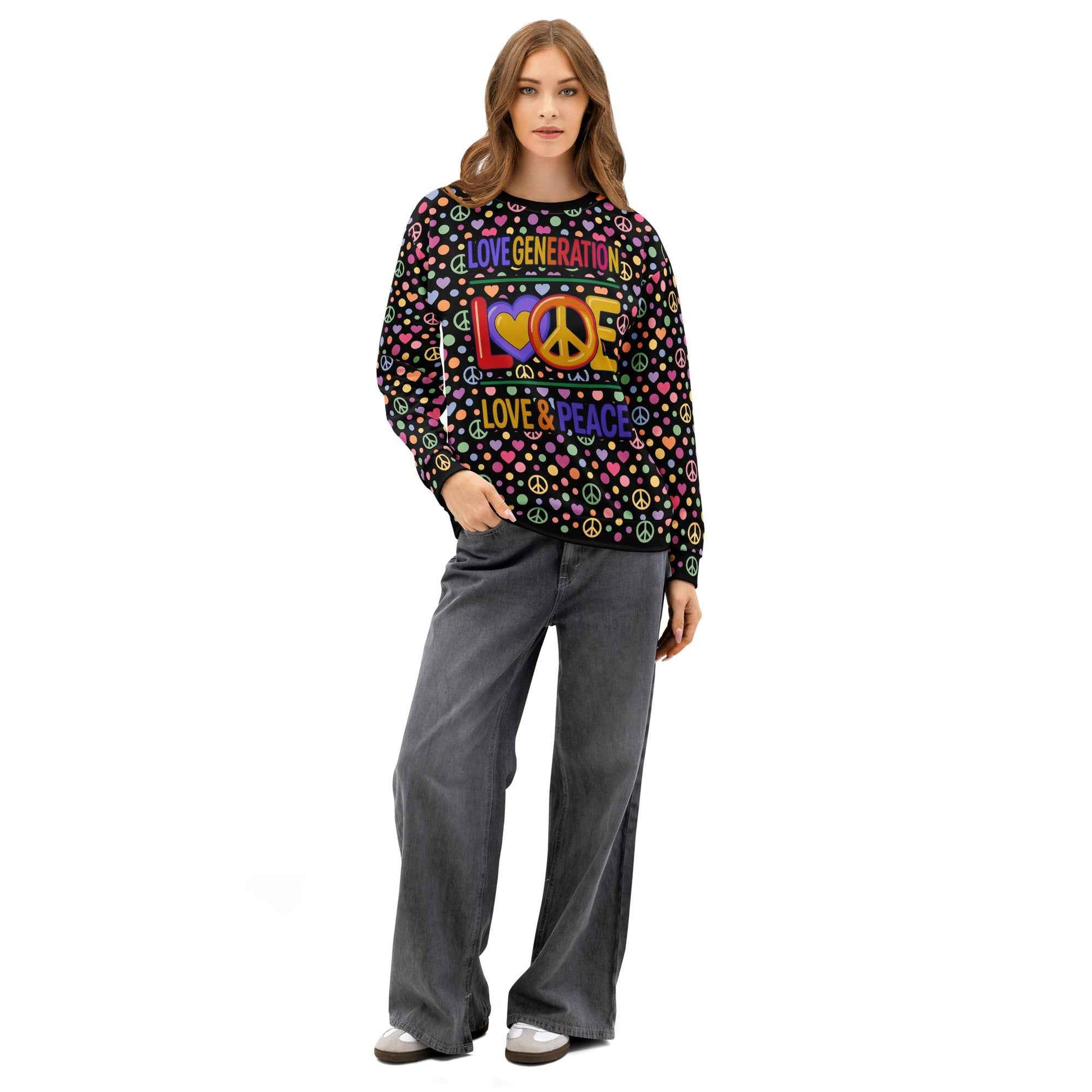 LOVE GENERATION All-Over Print Sweatshirt - Heart & Peace Symbol Pop Art | Unisex Streetwear Crewneck