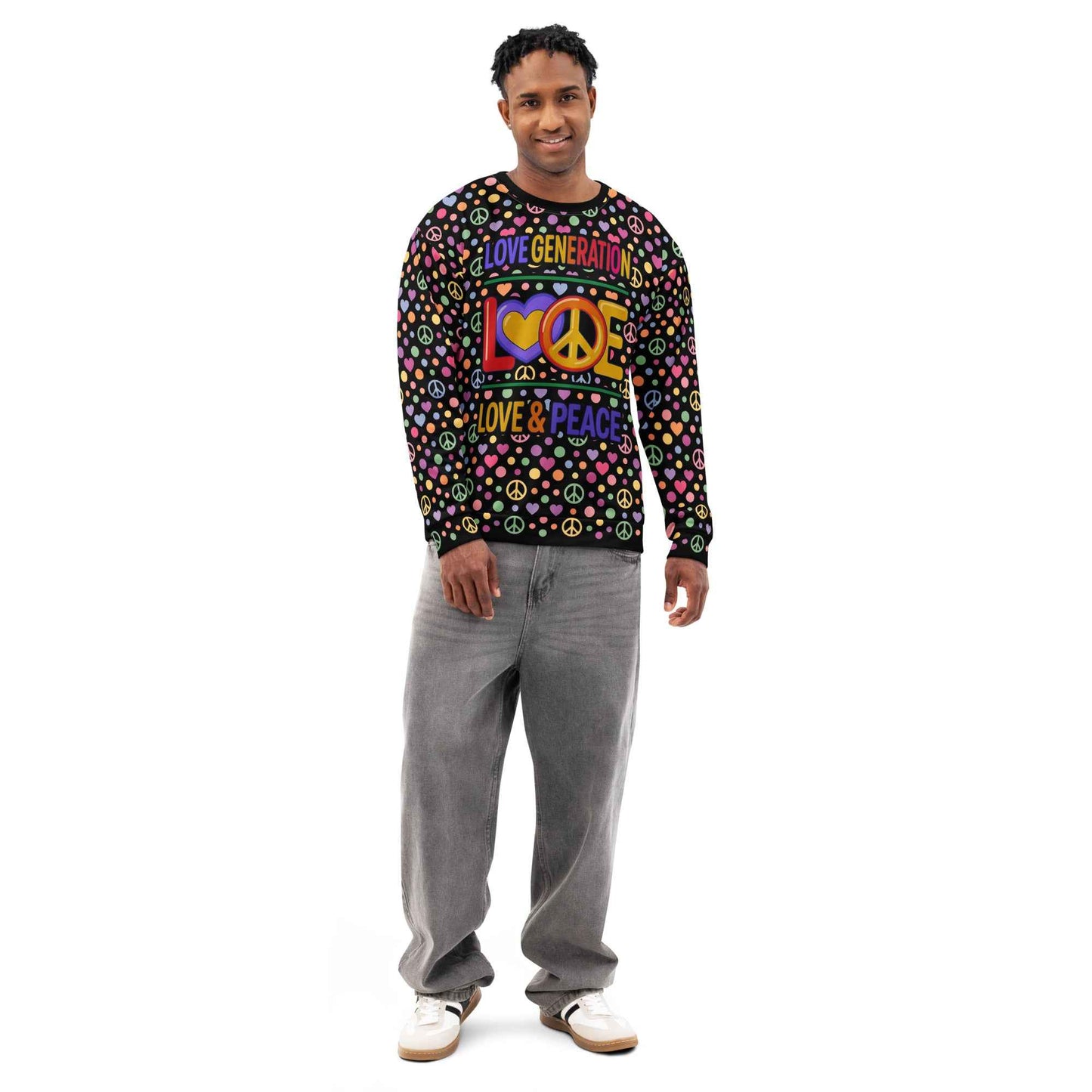 LOVE GENERATION All-Over Print Sweatshirt - Heart & Peace Symbol Pop Art | Unisex Streetwear Crewneck