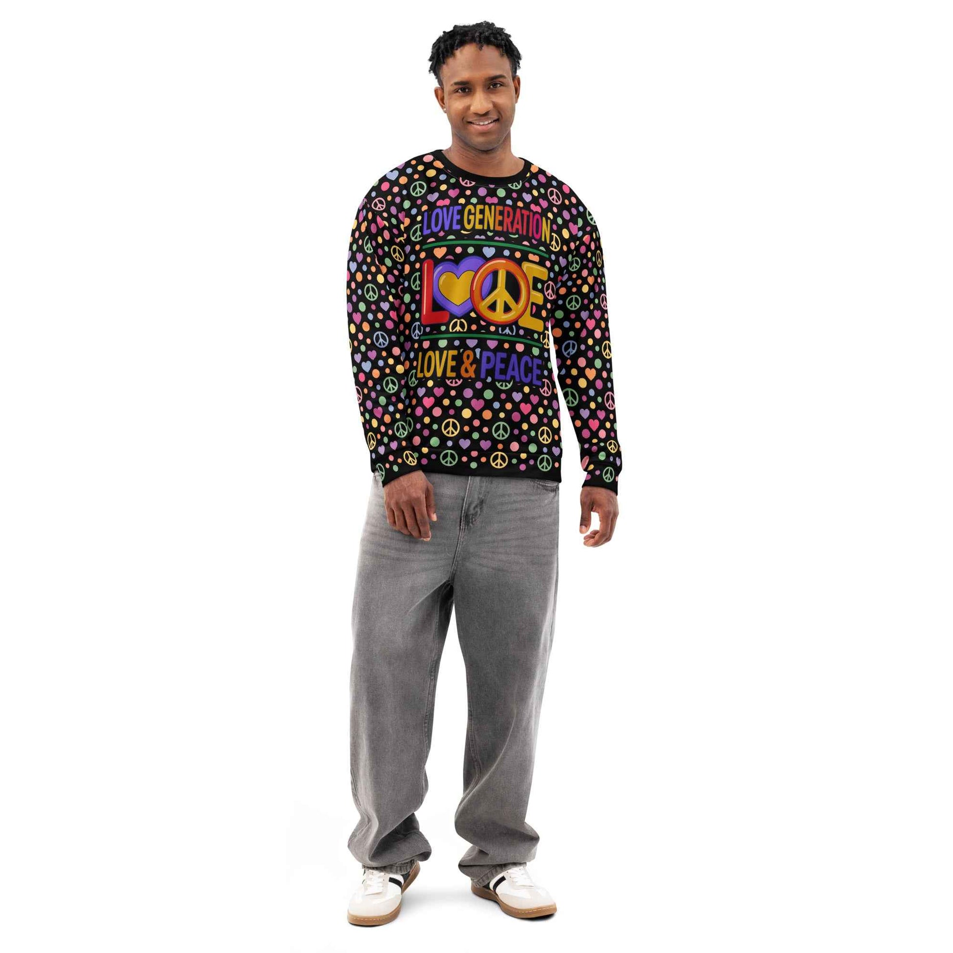 LOVE GENERATION All-Over Print Sweatshirt - Heart & Peace Symbol Pop Art | Unisex Streetwear Crewneck