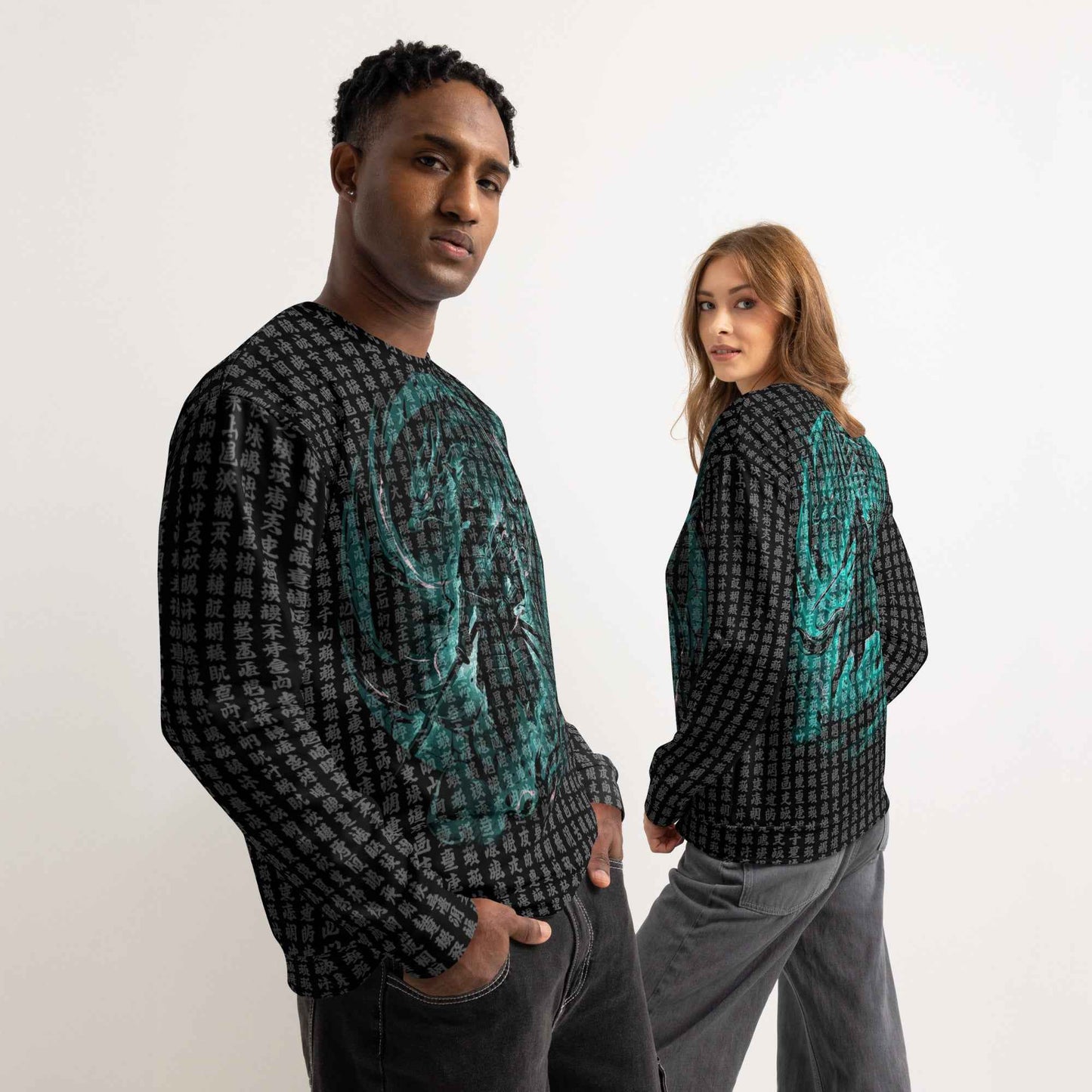 Japanese Samurai All-Over Print Sweatshirt - Buddhist Sutra Kanji Dragon & Hannya | Streetwear Crewneck