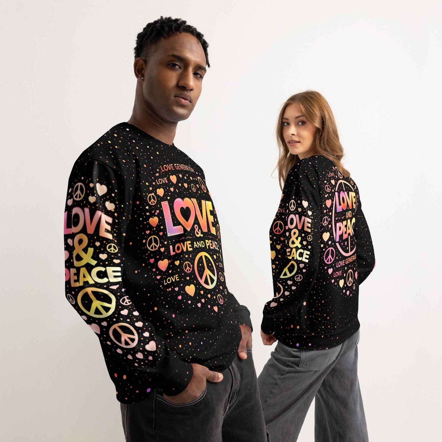 LOVE GENERATION All-Over Print Sweatshirt - LOVE AND PEACE Graphic | Unisex Streetwear Crewneck