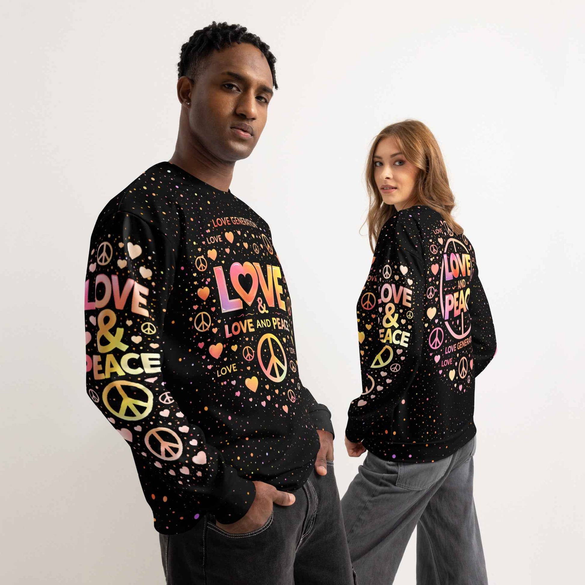 LOVE GENERATION All-Over Print Sweatshirt - LOVE AND PEACE Graphic | Unisex Streetwear Crewneck