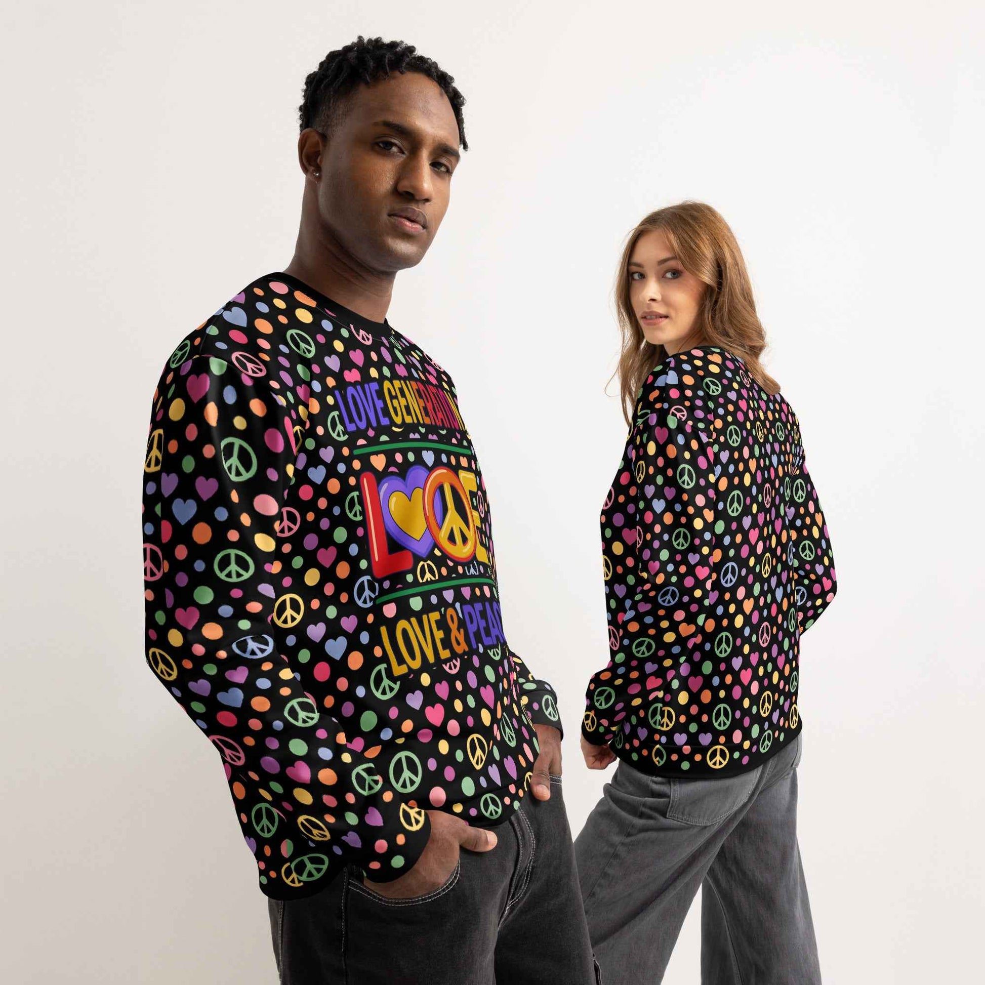 LOVE GENERATION All-Over Print Sweatshirt - Heart & Peace Symbol Pop Art | Unisex Streetwear Crewneck