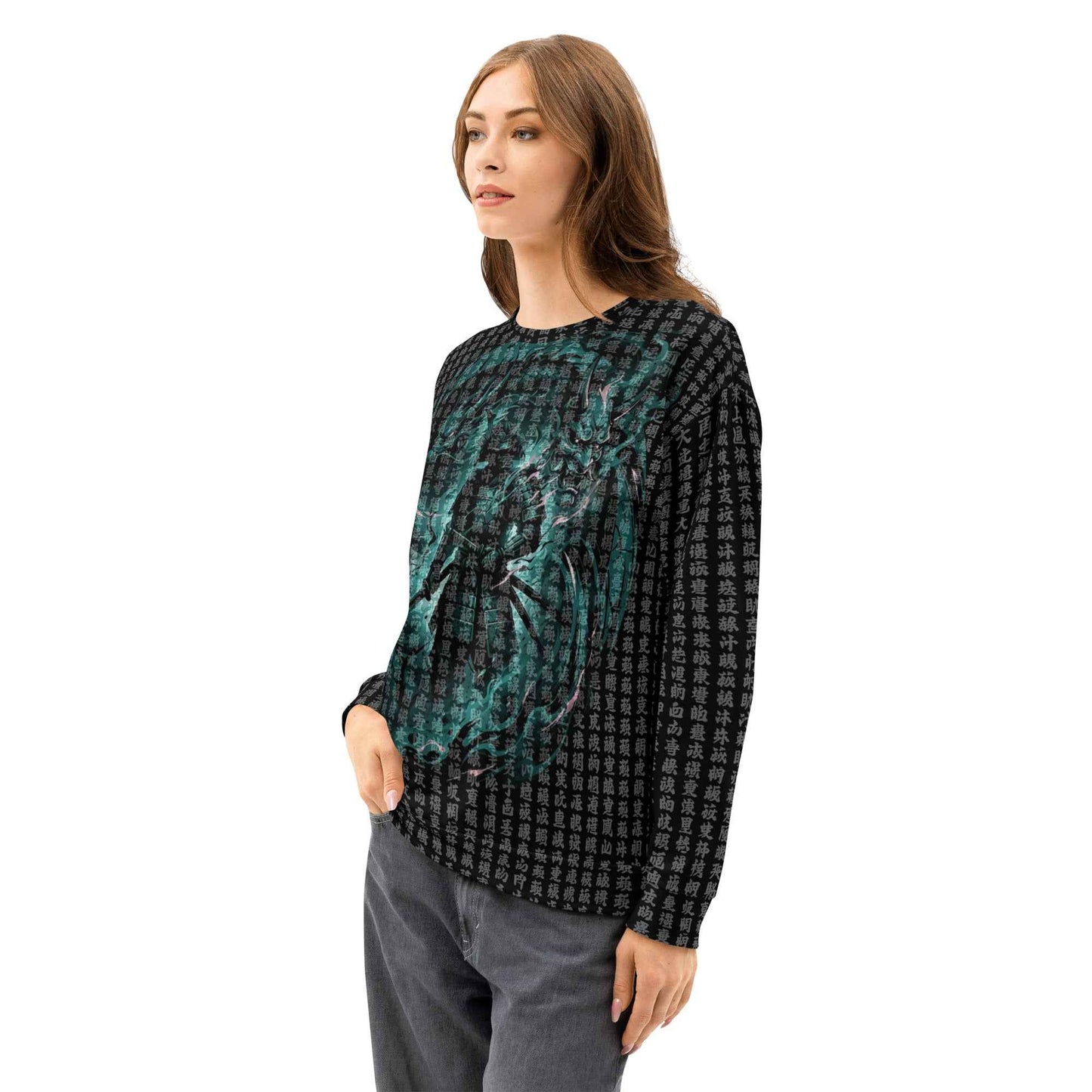 Japanese Samurai All-Over Print Sweatshirt - Buddhist Sutra Kanji Dragon & Hannya | Streetwear Crewneck