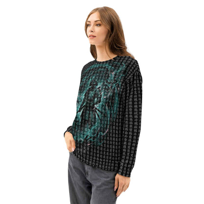 Japanese Samurai All-Over Print Sweatshirt - Buddhist Sutra Kanji Dragon & Hannya | Streetwear Crewneck