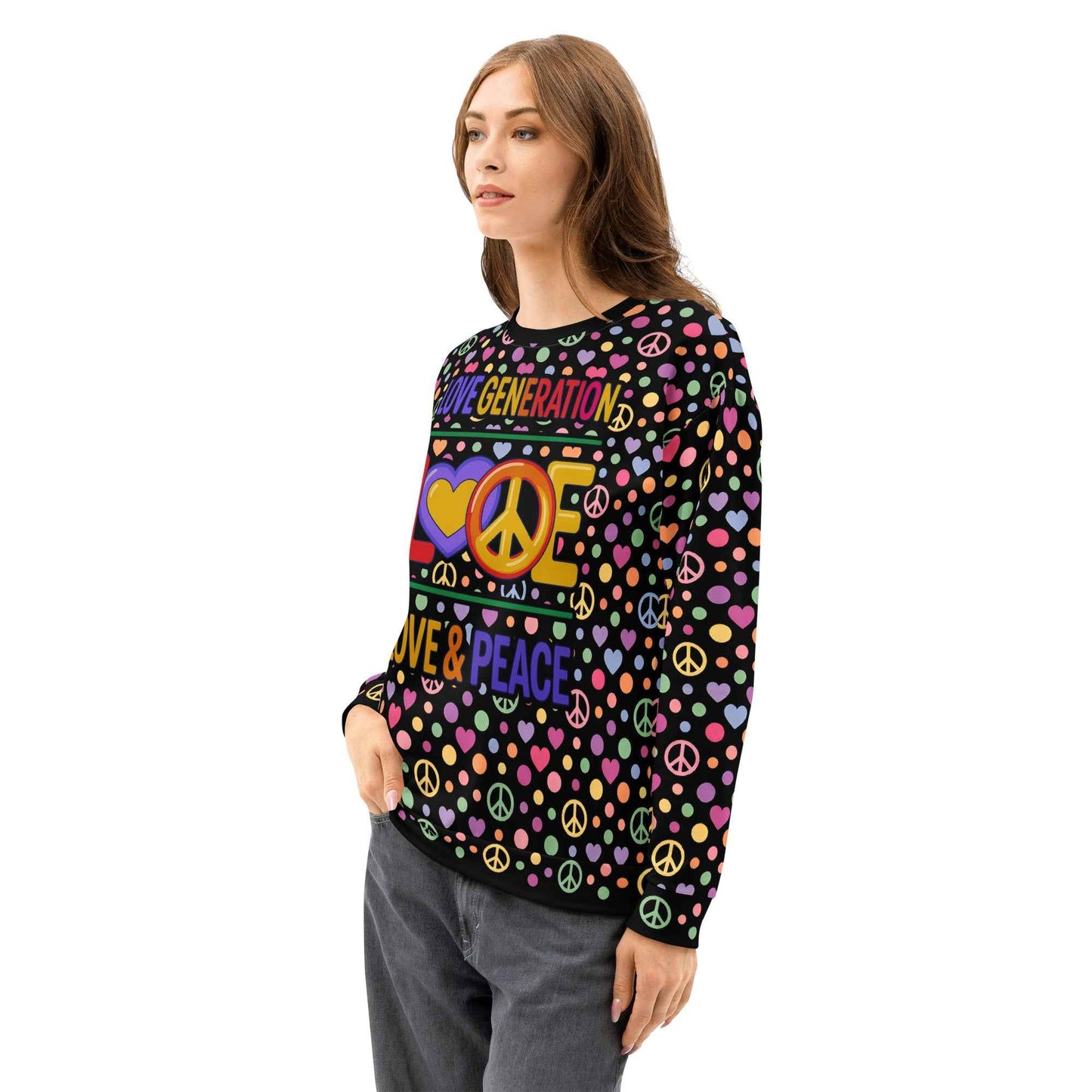 LOVE GENERATION All-Over Print Sweatshirt - Heart & Peace Symbol Pop Art | Unisex Streetwear Crewneck