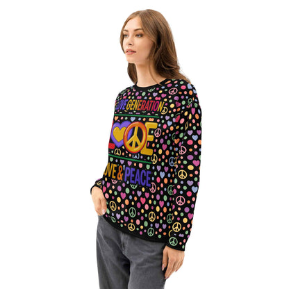LOVE GENERATION All-Over Print Sweatshirt - Heart & Peace Symbol Pop Art | Unisex Streetwear Crewneck