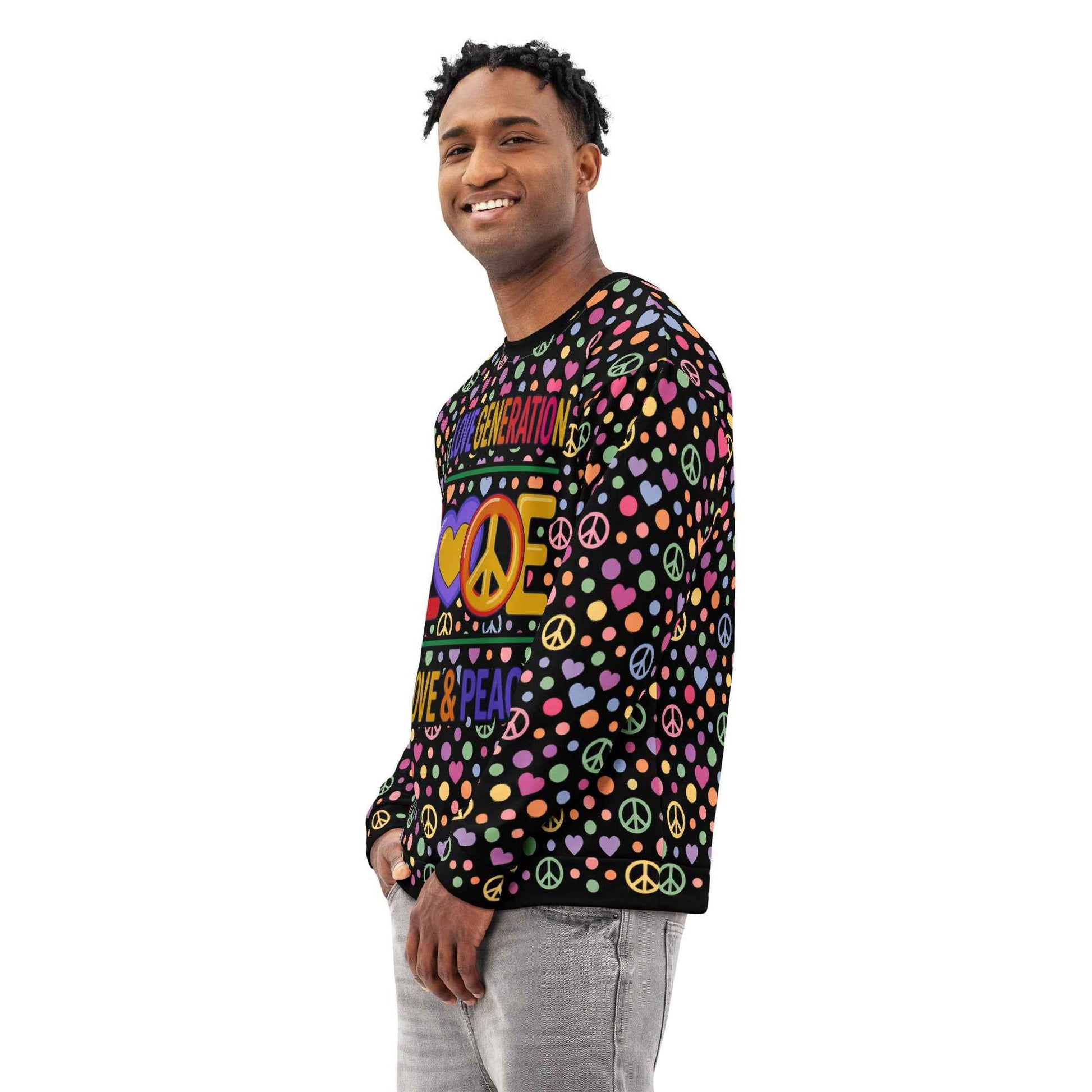 LOVE GENERATION All-Over Print Sweatshirt - Heart & Peace Symbol Pop Art | Unisex Streetwear Crewneck