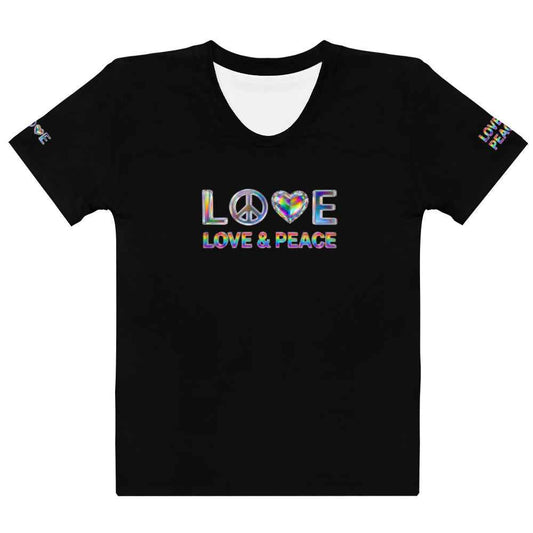 Women's 3D Rainbow Crystal LOVE & PEACE Black Graphic Tee | Holographic Iridescent Streetwear