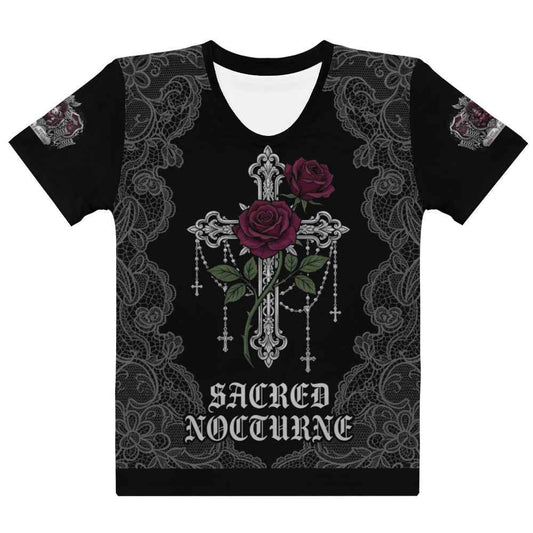Sacred Nocturne Gothic Cross and Heraldic Crest Graphic T-Shirt – Dark Romantic Women's Tee