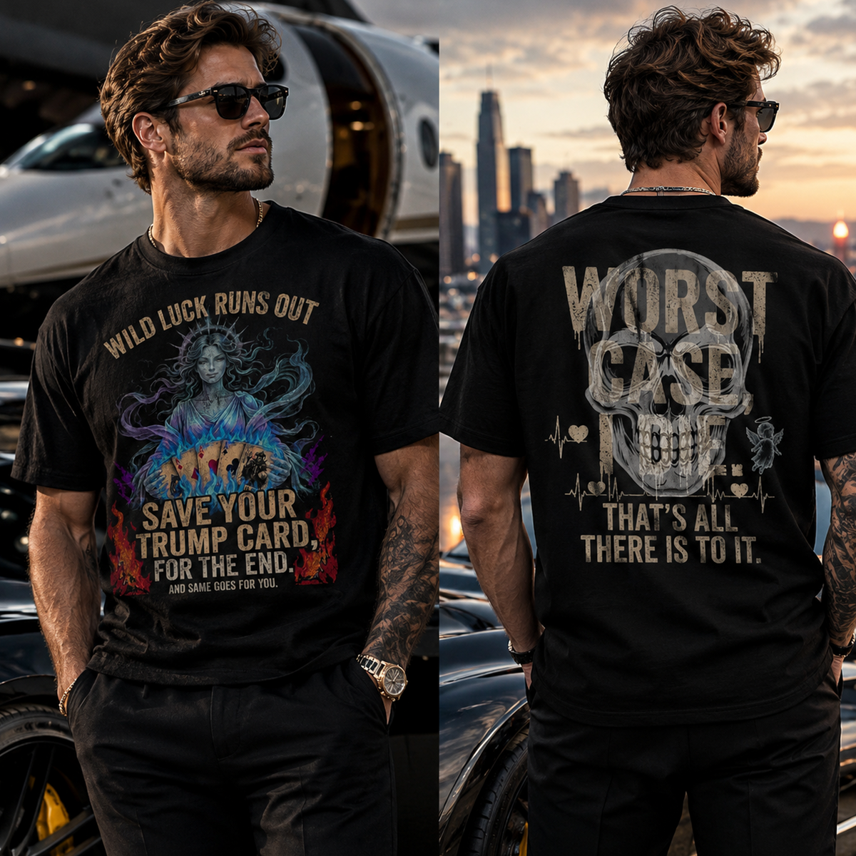 Black Gothic Skull Angel & Playing Cards Graphic Basic Modern Fit T-Shirt