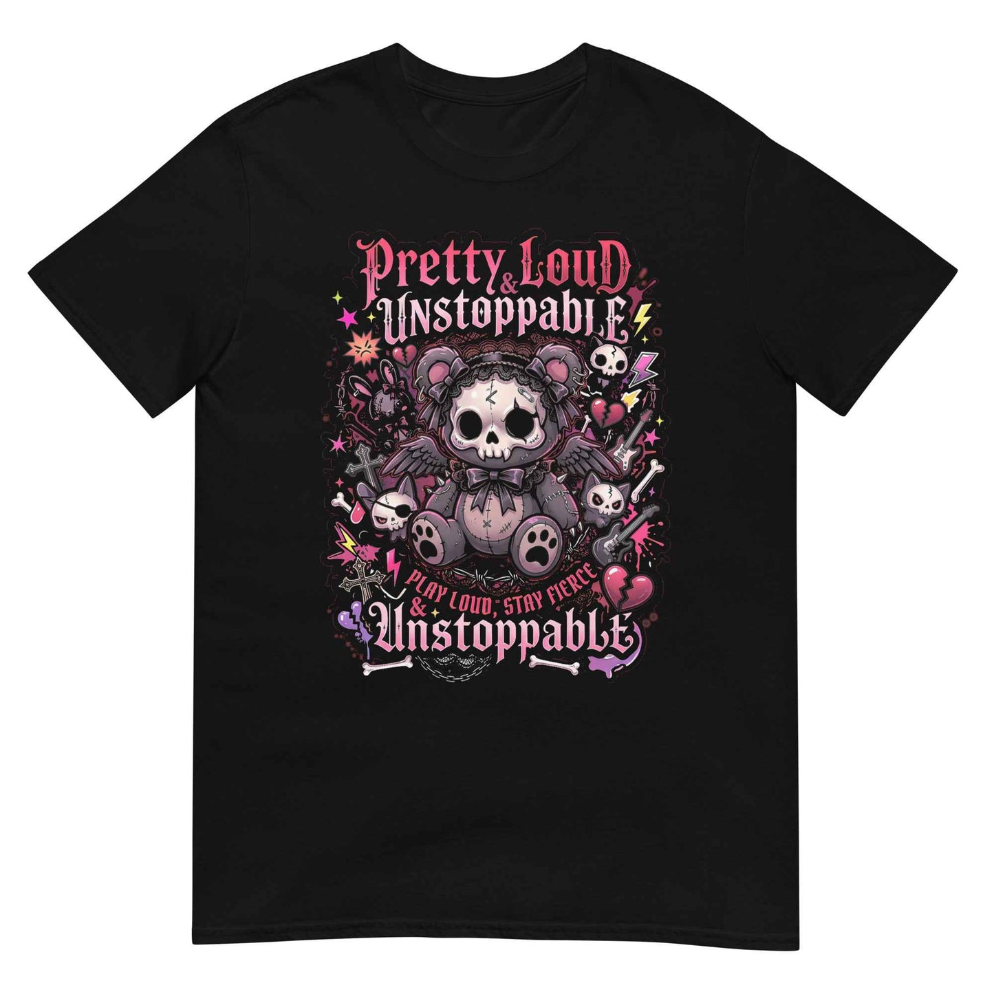 Pretty Loud & Unstoppable Skull Teddy Punk T-Shirt - Gothic Cute Rock Graphic | Alternative Streetwear Unisex Tee