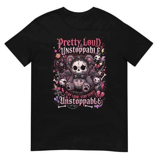 Pretty Loud & Unstoppable Skull Teddy Punk T-Shirt - Gothic Cute Rock Graphic | Alternative Streetwear Unisex Tee
