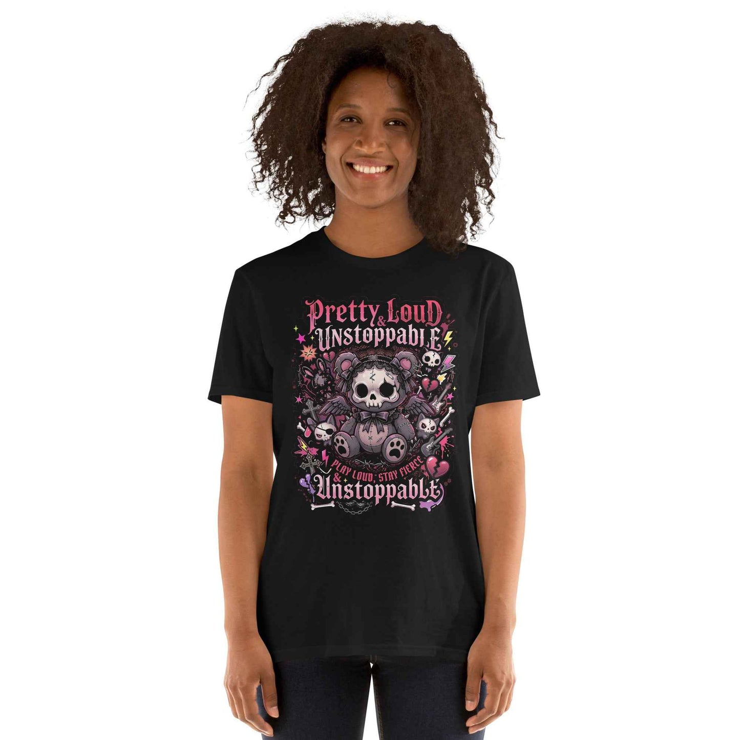Pretty Loud & Unstoppable Skull Teddy Punk T-Shirt - Gothic Cute Rock Graphic | Alternative Streetwear Unisex Tee