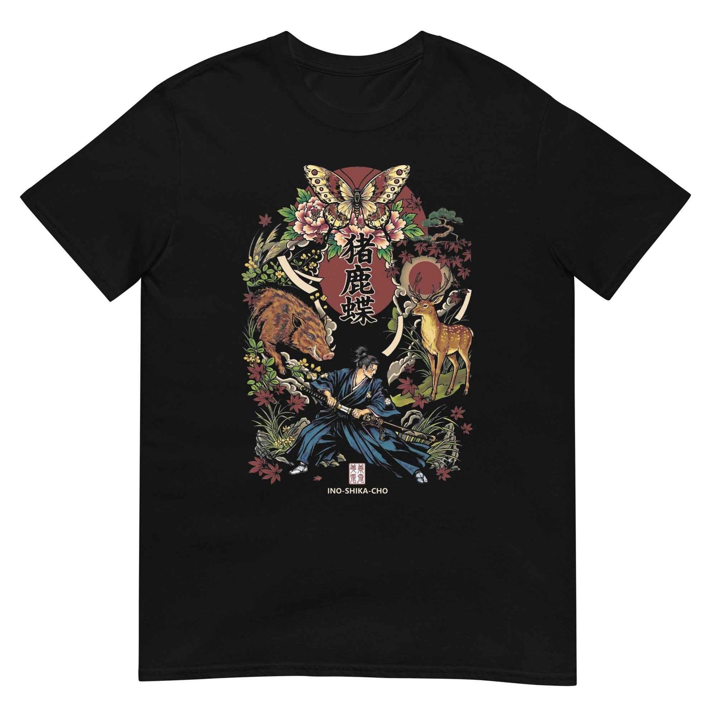 Inoshika-Cho Japanese Samurai T-Shirt – Hanafuda Boar, Deer & Butterfly Graphic