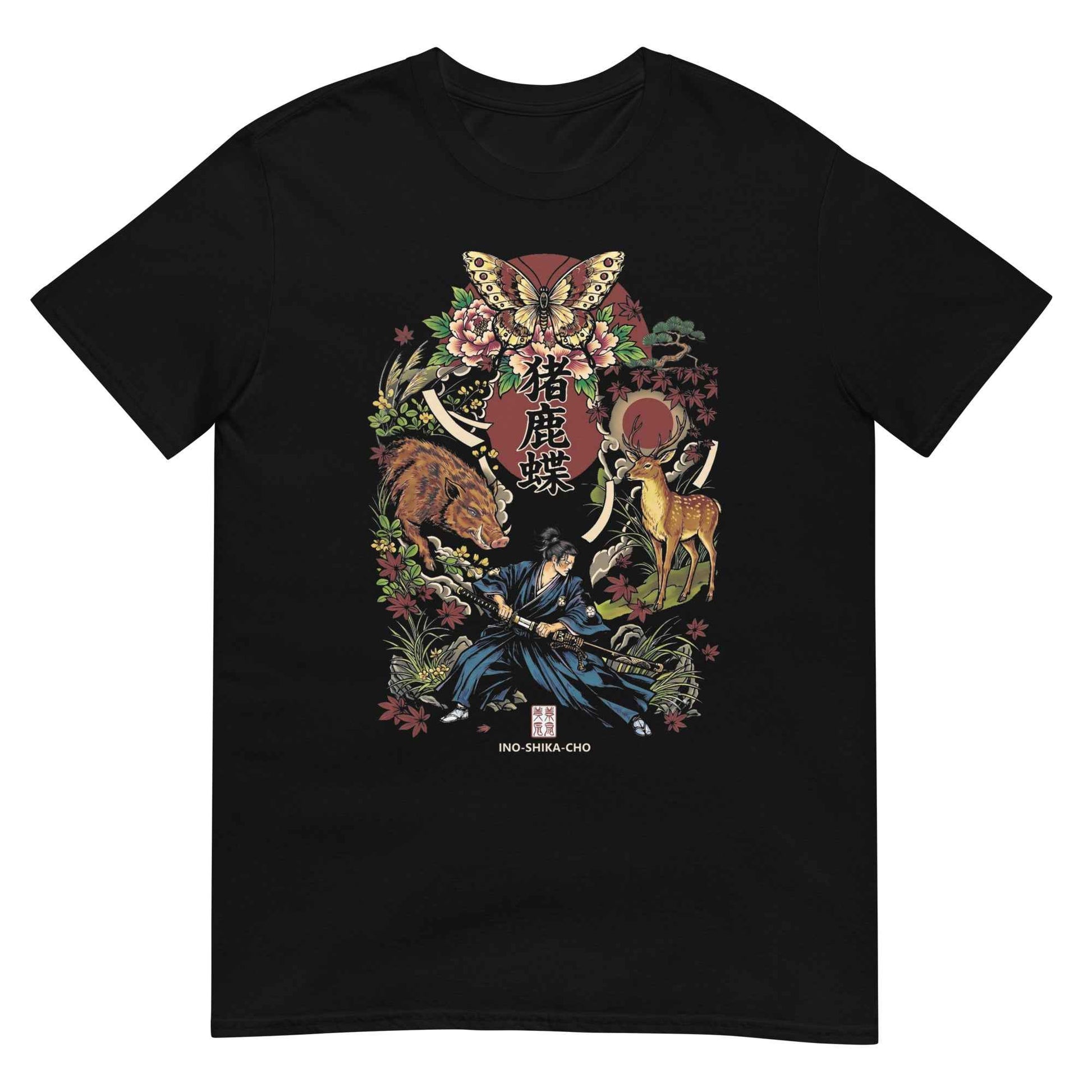Inoshika-Cho Japanese Samurai T-Shirt – Hanafuda Boar, Deer & Butterfly Graphic
