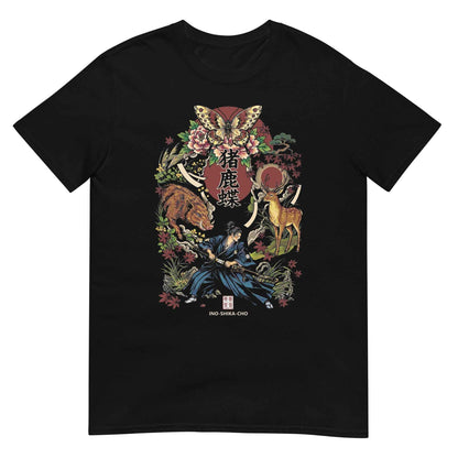 Inoshika-Cho Japanese Samurai T-Shirt – Hanafuda Boar, Deer & Butterfly Graphic