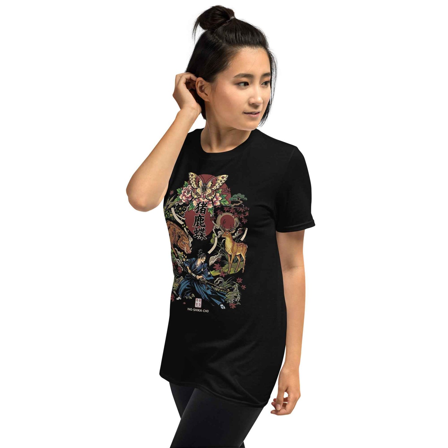 Inoshika-Cho Japanese Samurai T-Shirt – Hanafuda Boar, Deer & Butterfly Graphic