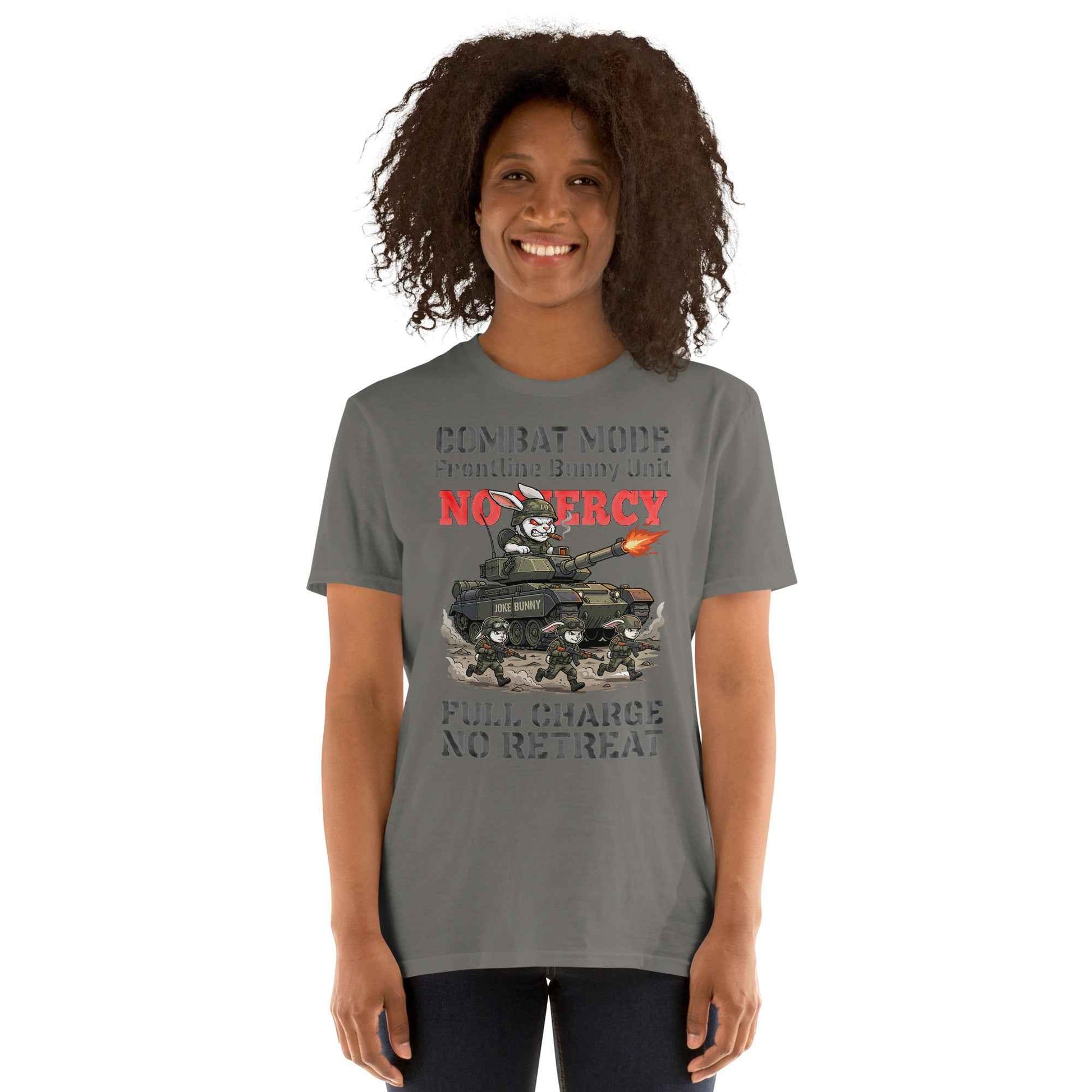 Combat Mode Bunny T-Shirt - Frontline Bunny Unit Military Graphic | Streetwear Rabbit Tank Design