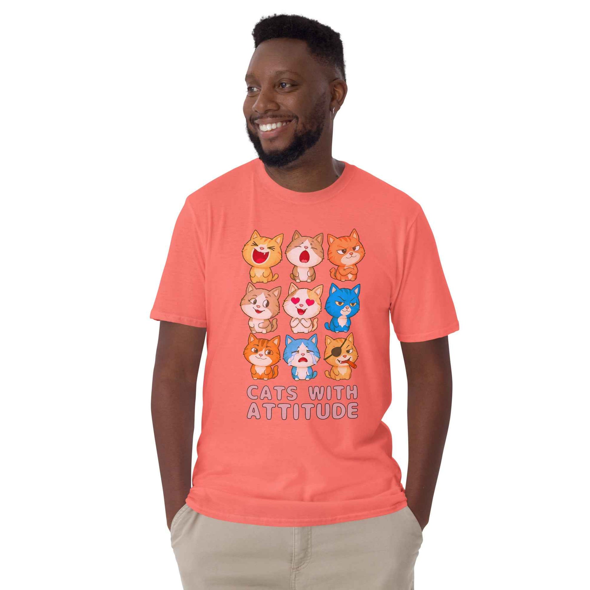 Cats With Attitude T-Shirt - 9 Expressive Cartoon Cats Graphic | Funny Chibi Cat Design Unisex Tee