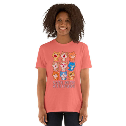 Cats With Attitude T-Shirt - 9 Expressive Cartoon Cats Graphic | Funny Chibi Cat Design Unisex Tee