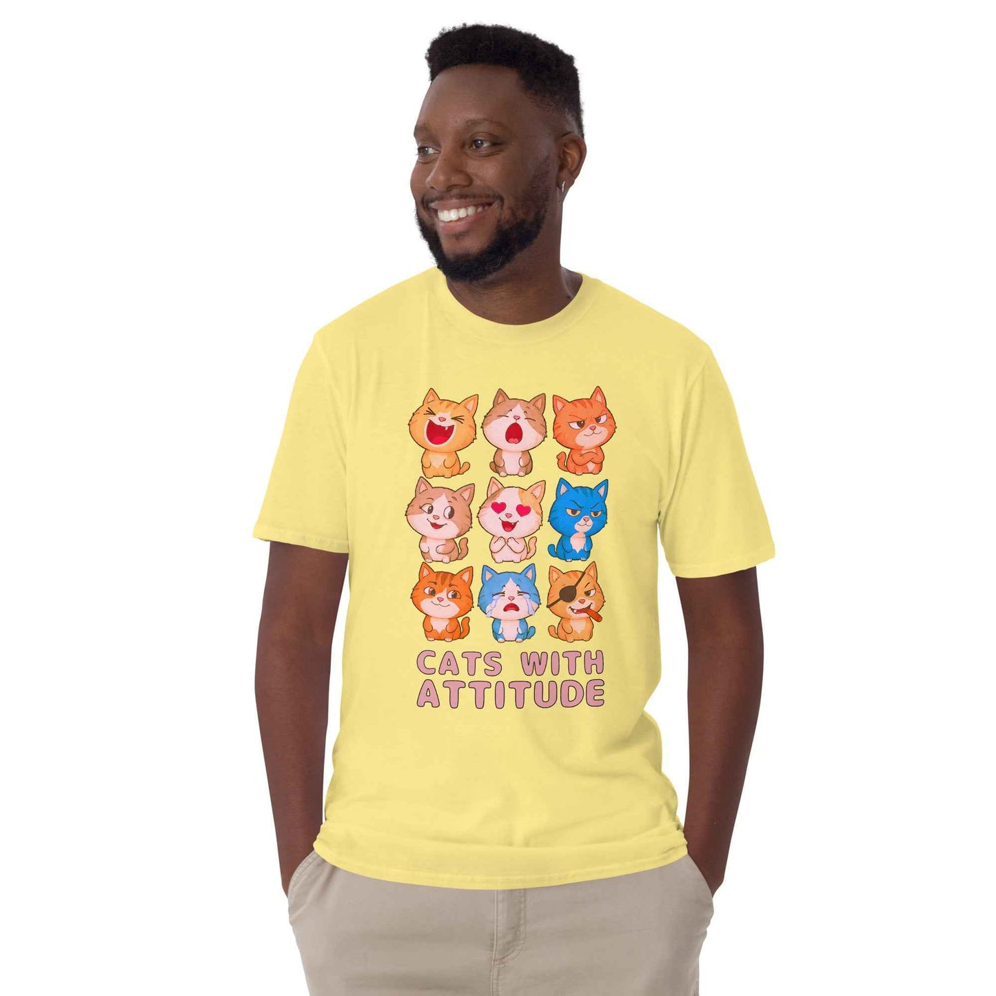Cats With Attitude T-Shirt - 9 Expressive Cartoon Cats Graphic | Funny Chibi Cat Design Unisex Tee