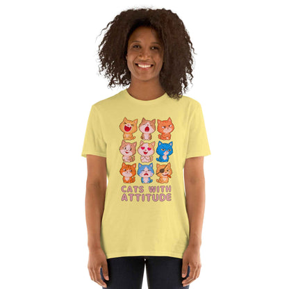 Cats With Attitude T-Shirt - 9 Expressive Cartoon Cats Graphic | Funny Chibi Cat Design Unisex Tee