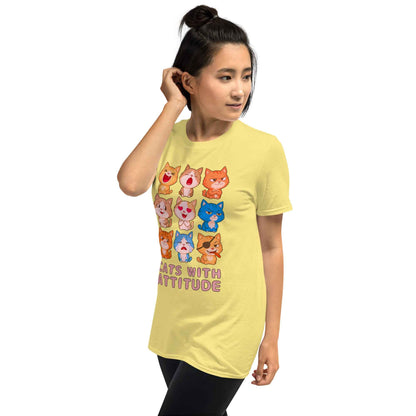 Cats With Attitude T-Shirt - 9 Expressive Cartoon Cats Graphic | Funny Chibi Cat Design Unisex Tee
